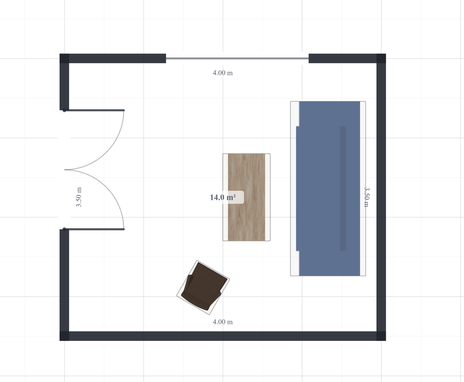 A 2D floor plan in the Reviz planner labeled with real dimensions, a 4 by 3.5 metre room