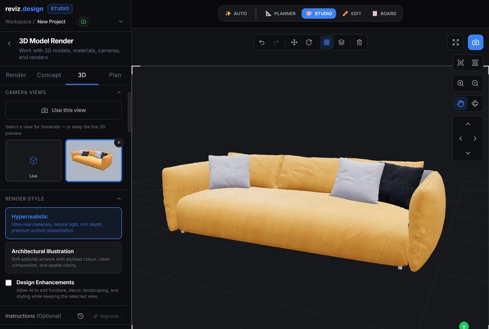 Raw 3D sofa model in the Reviz 3D viewport before rendering