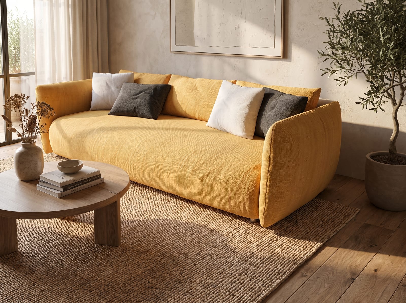 Photoreal mustard-yellow sofa render generated from the 3D model in Reviz