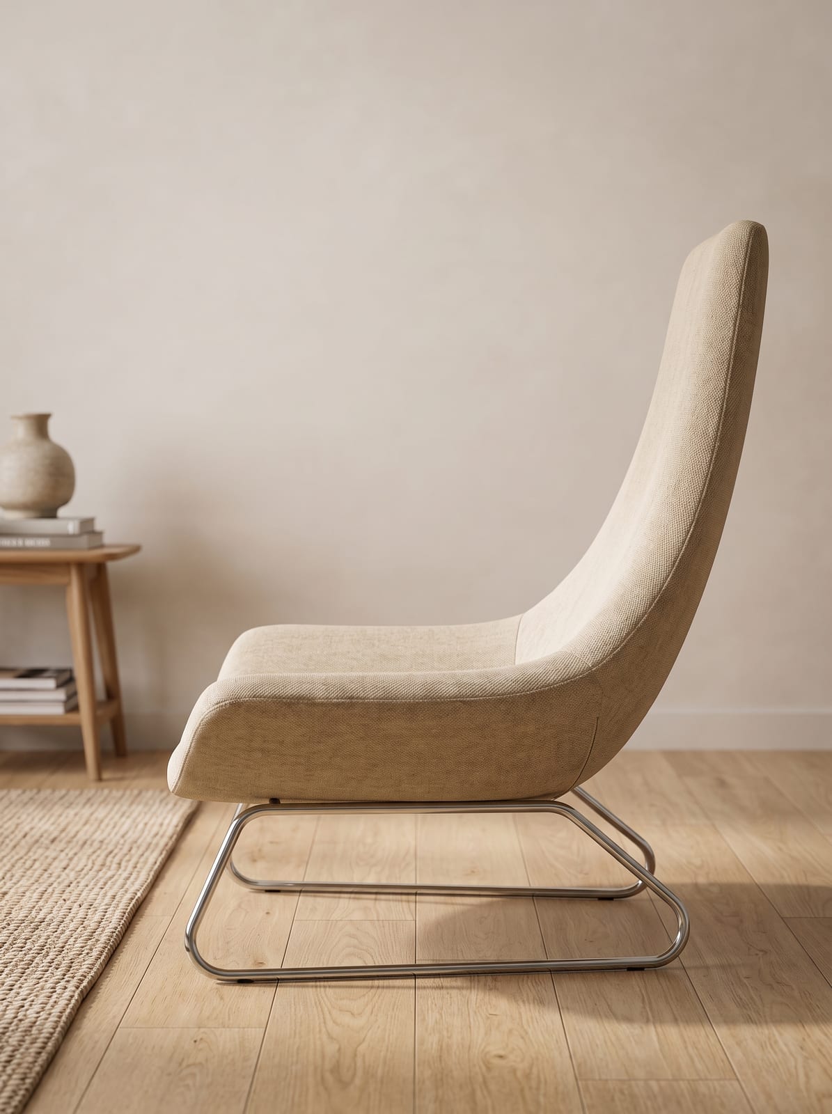 Reviz render of the same lounge chair from the side in a minimal interior