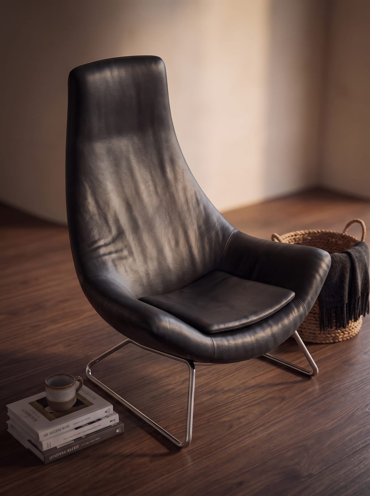 The same lounge chair rendered in black leather, a Reviz material variant