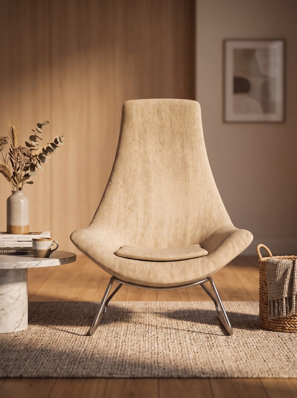 Reviz render of the lounge chair from the front in a warm interior