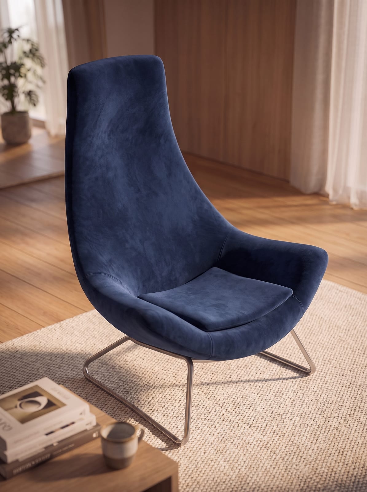 The lounge chair rendered in navy blue velvet, a Reviz material variant