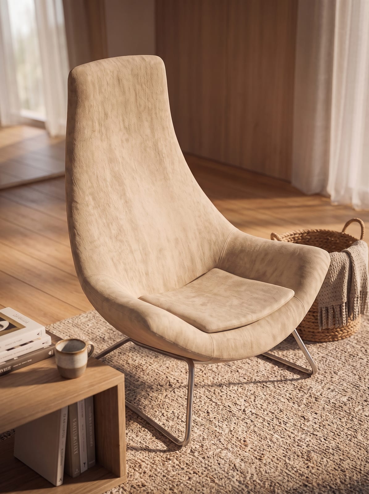A beige lounge chair rendered from a high three-quarter angle in a warm interior with Reviz