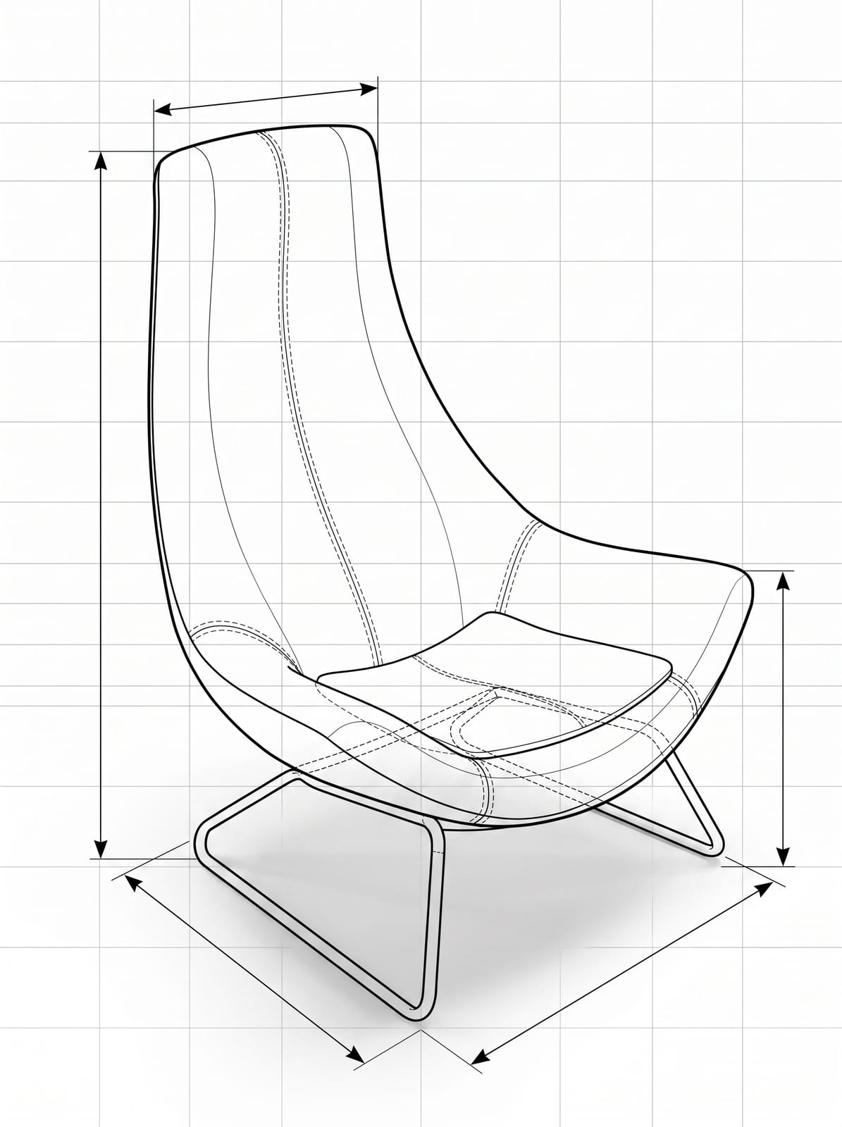 A black-and-white line-art concept view of the same lounge chair in Reviz