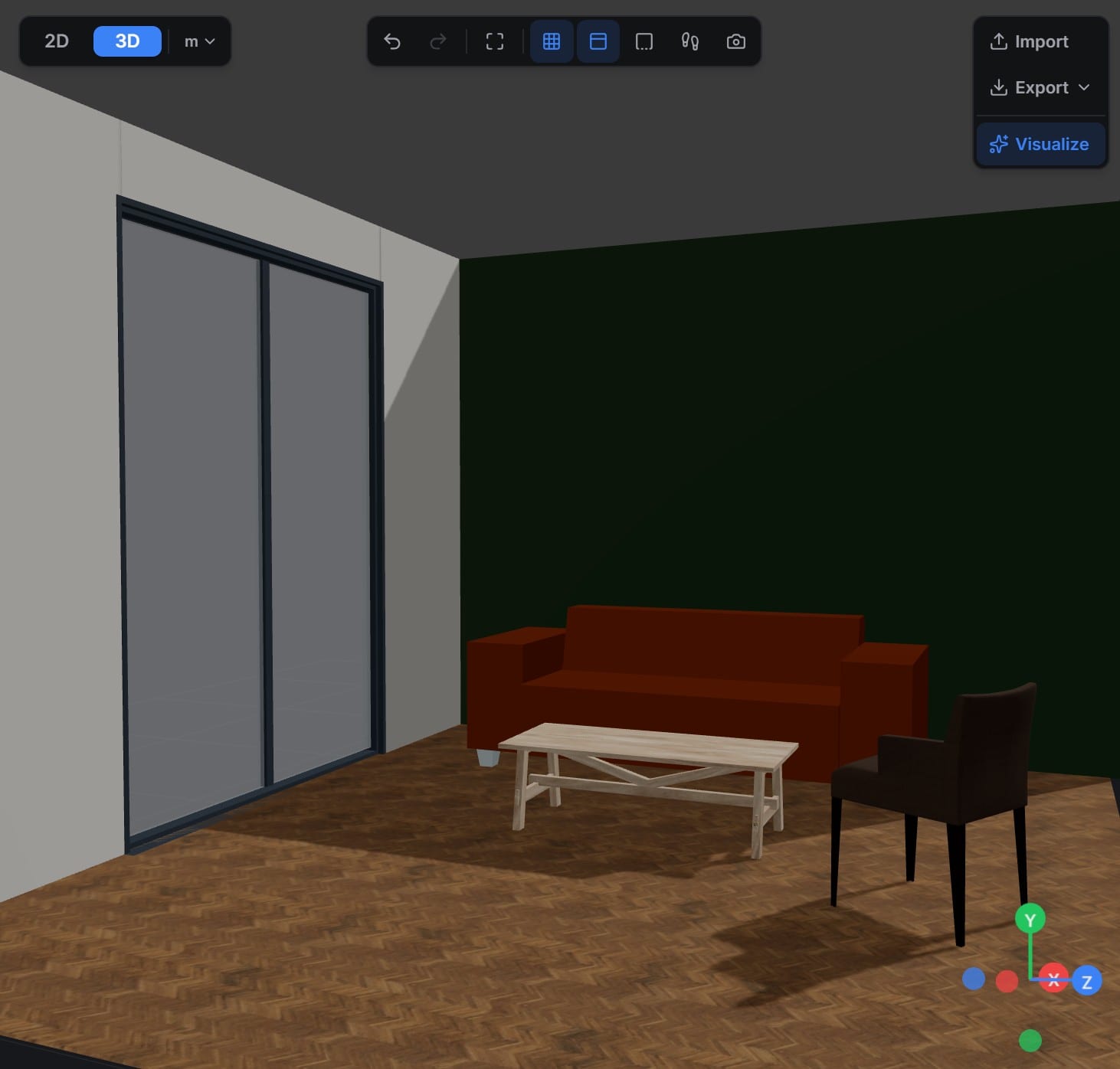 A furnished 3D room scene in the Reviz planner