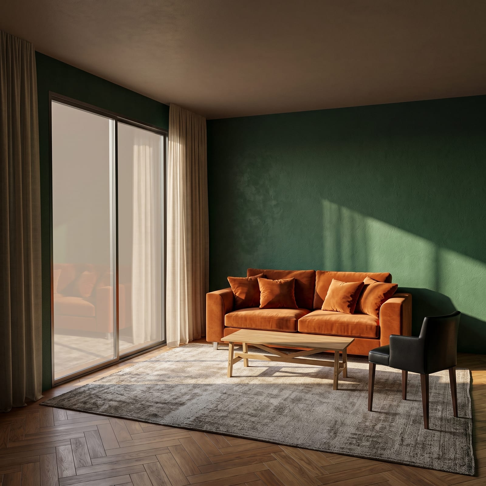 The planner scene rendered as a photoreal green-walled living room with an orange sofa in Reviz