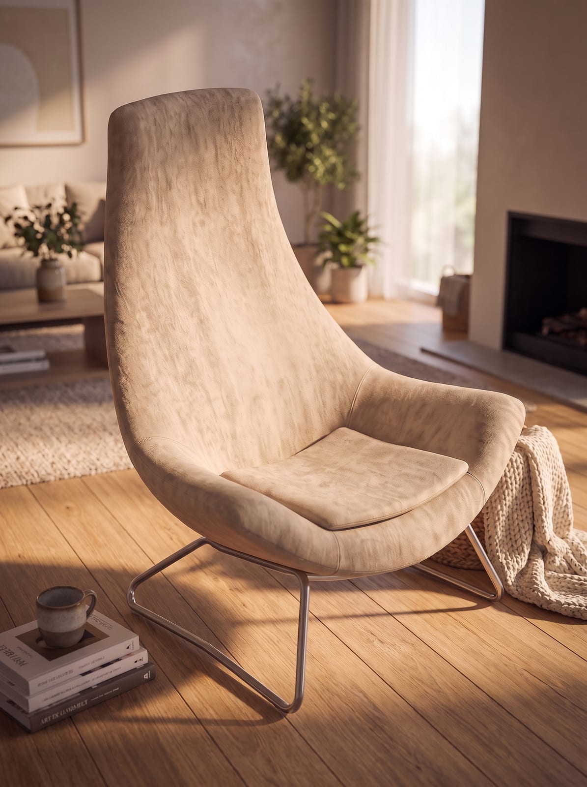 The same armchair staged into a photoreal living-room scene with a fireplace by Reviz