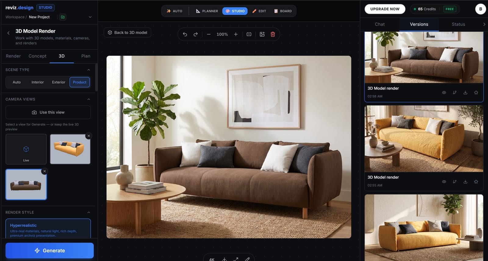 The Reviz Studio interface showing the 3D Model Render tool with a photoreal sofa render and a versions panel